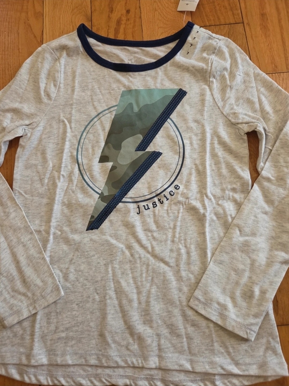 Justice Light Gray Long Sleeve Tee with Navy Trim and Camouflage Bolt